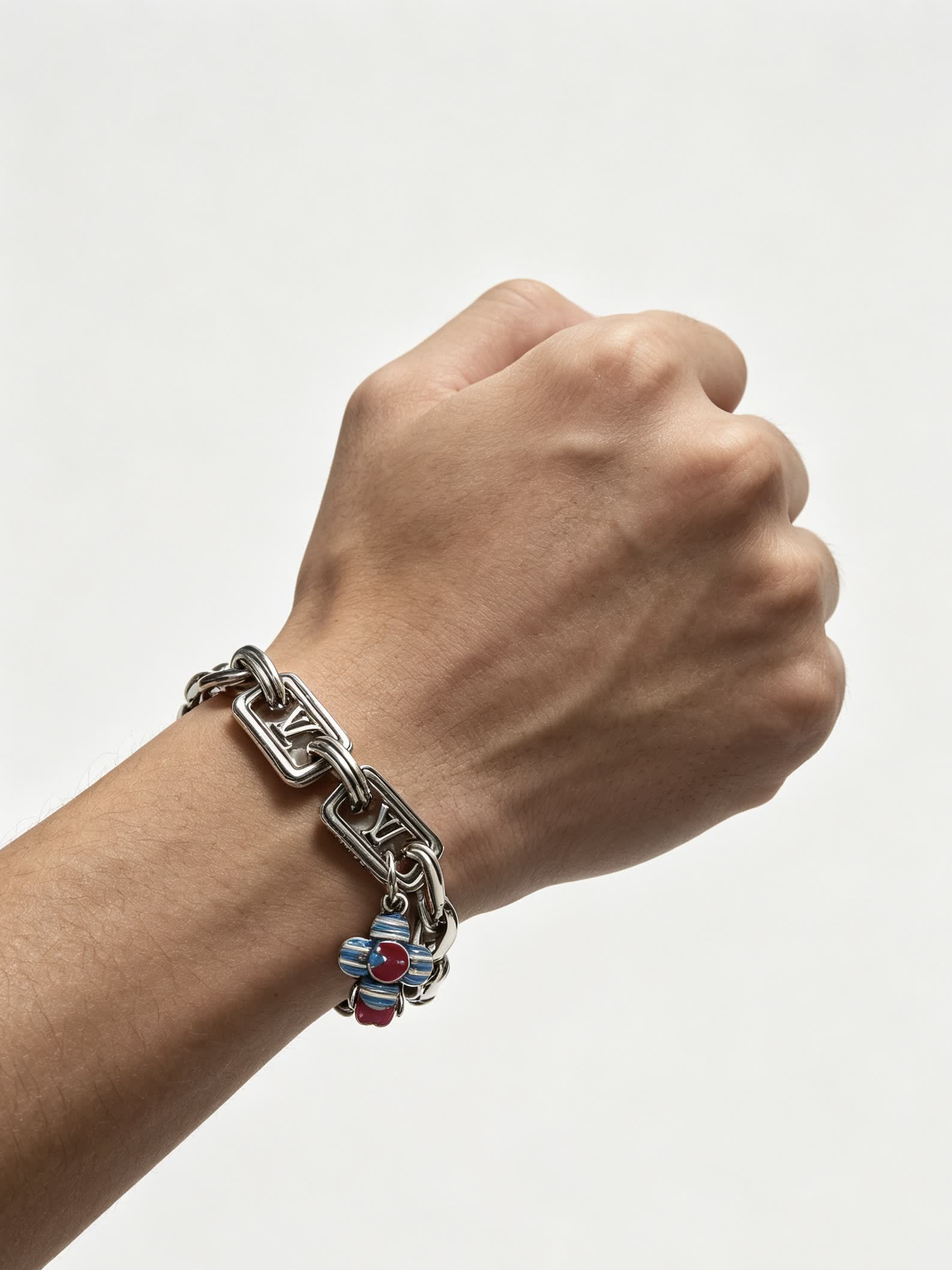 Louis Vuitton Silver Tone Bracelet with Monogram Charm